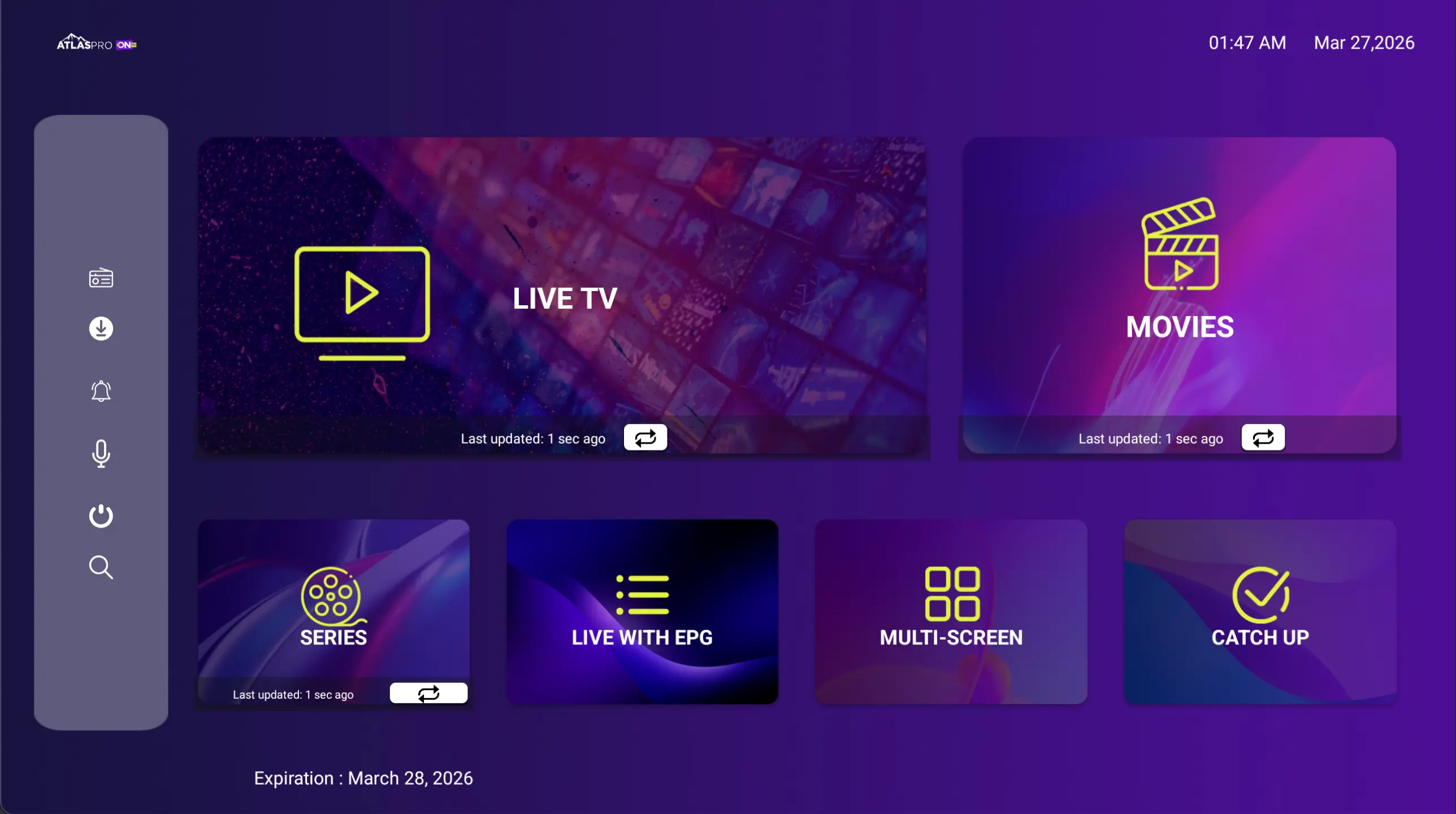 Interface Atlas Pro tableau de bord TV en direct et films